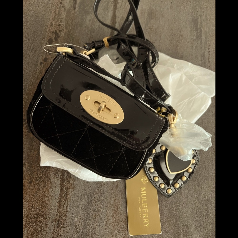 👜MULBERRY Black Patent Vegan Leather Velvet Quilt Mini Messenger Bag 🖤💛NWT